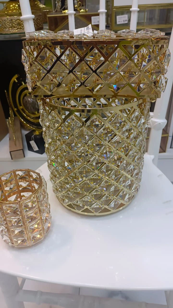 طقم باسكت وعلبه منديل وعلبه فراش كرستال مدهب-منتجات ارشيا - مصر